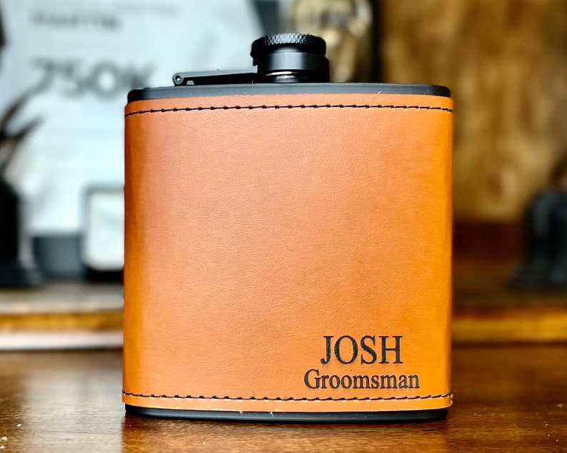 Personalized Flask for Men Leather Flask Flask Personalized Black w/ Rawhide