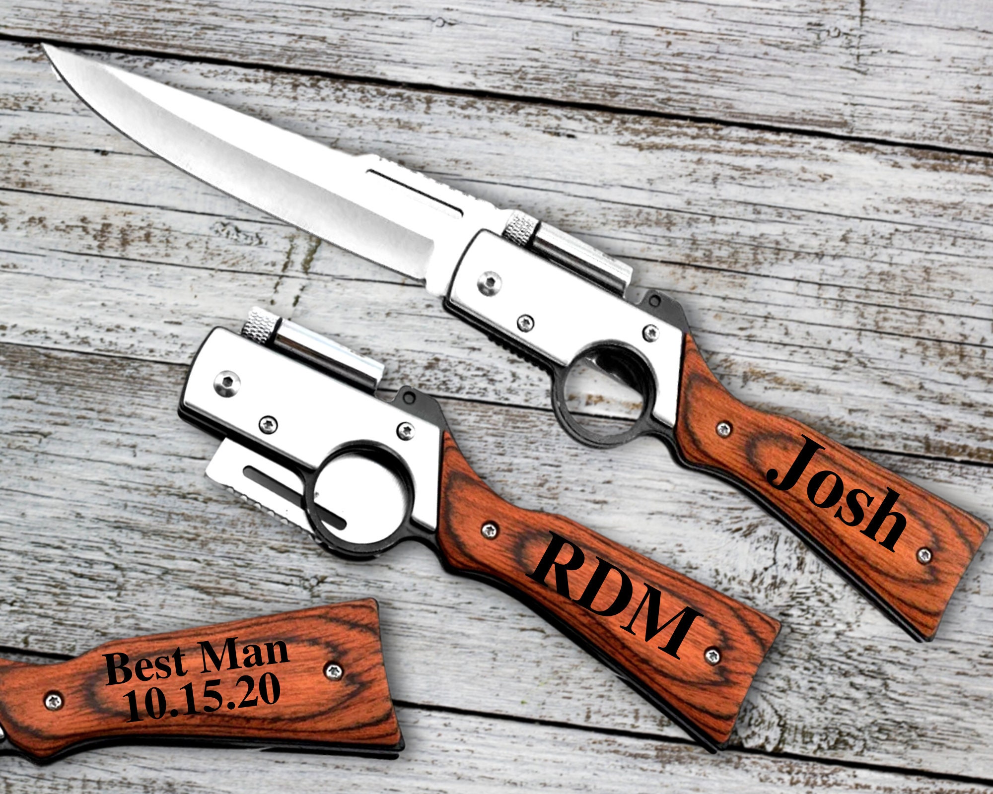 Personalized Groomsmen Leather Wallet & Switchblade Knife Set