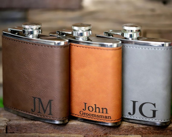 Details about   1-8 Groomsman Personalised Engraved Leather Black Silver Hip Flask Shot Glass