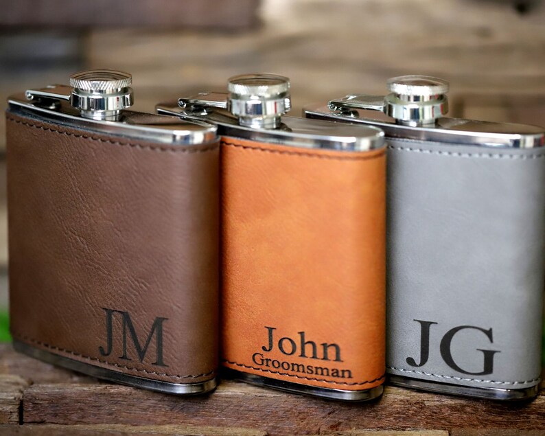 Stocking Stuffer for Men, Personalized Gifts for Men, Engraved Leather Flask, Christmas Gift for Dad, Gift for Boyfriend, Husband Gift image 1