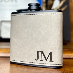 Personalized Flask for Men, Leather Flask, Flask Personalized, Flask Leather, Flasks Black w/ Gray