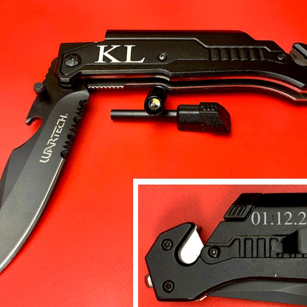 Personalized EDC Groomsmen Pocket Knife, Engraved Survival Knife, Groomsmen EveryDay Carry, Survivor Knife, Flint Knife, Knife with Light