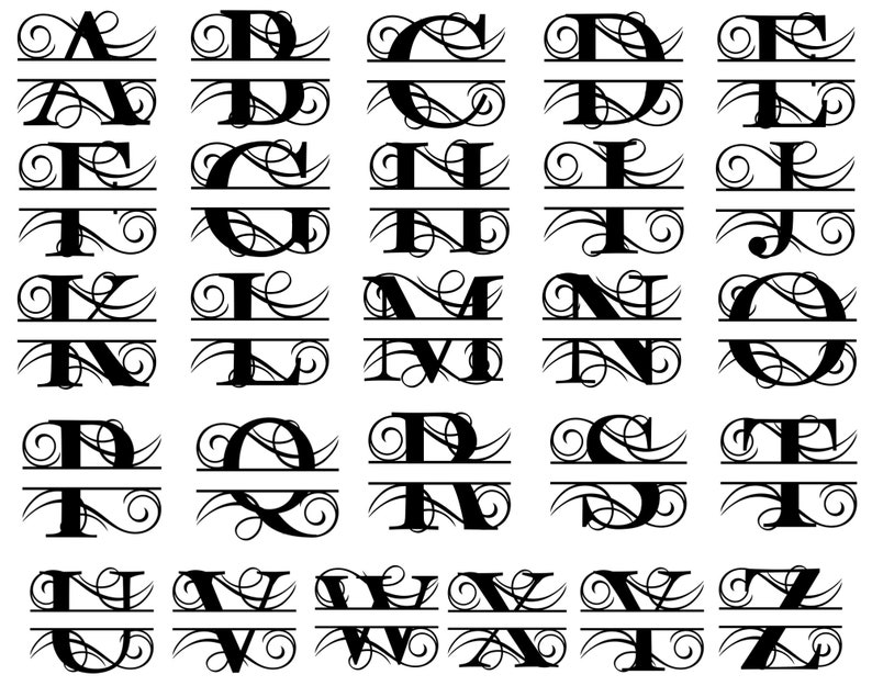 May include: A set of 26 black and white split monogram letters with decorative flourishes. Each letter is split in half with a horizontal line, allowing for two initials to be combined.