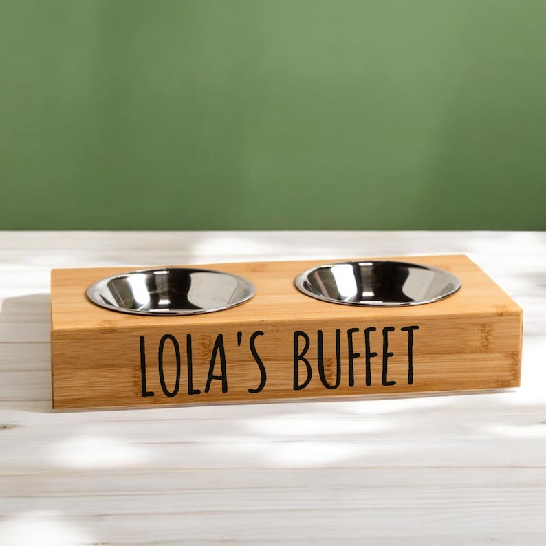 Personalized 2 Bowl Bamboo Pet Bowl Feeders, Elevated Cat & Dog Dishes, Water and Food Bowl, Pet Feeding Station, Cat, Dog Feeding Station image 2