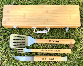 Personalized BBQ Grill Tool Set, BBQ Set, bbq tools, Custom Grill Gift Set, Father's Day Gift, Gift For Dad, Barbecue Set, Grilling Tools