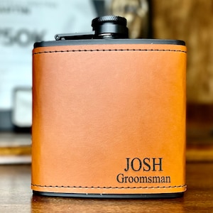 Personalized Leather Flask, Groomsmen Flask, Engraved Flask, Hip Flask, Custom Flask, Monogrammed Flask, Flask for Groomsmen,Groomsman Flask Black w/ Rawhyde