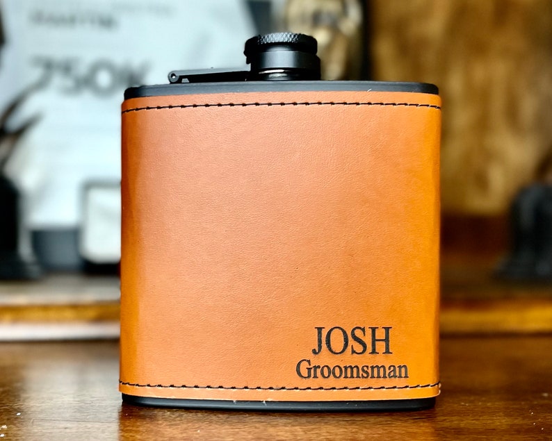 Personalized Leather Flask, Groomsmen Flask, Engraved Flask, Hip Flask, Custom Flask, Monogrammed Flask, Flask for Groomsmen,Groomsman Flask Black w/ Rawhyde