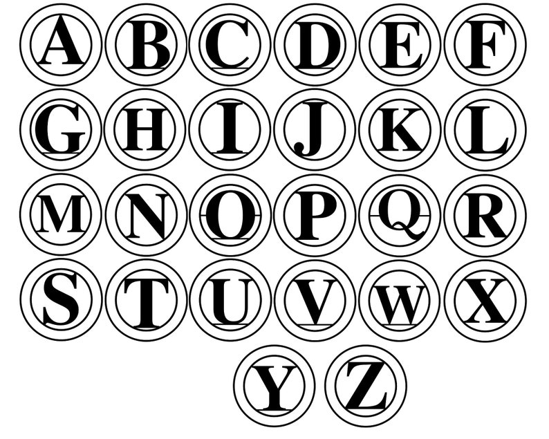May include: Black and white alphabet letters A through Z in a circle with a white background.