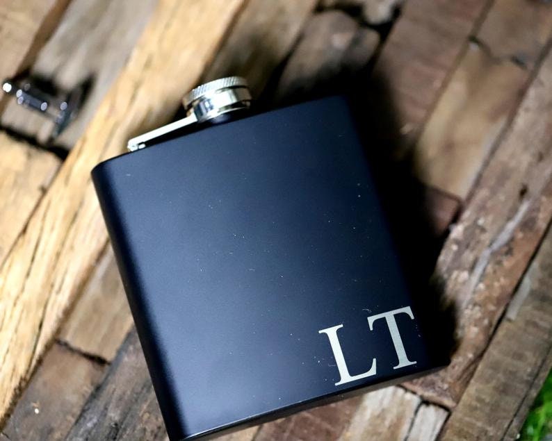 Stocking Stuffer for Men, Personalized Gifts for Men, Engraved Leather Flask, Christmas Gift for Dad, Gift for Boyfriend, Husband Gift Black/Initials