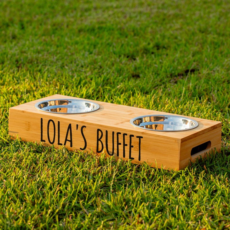 Personalized 2 Bowl Bamboo Pet Bowl Feeders, Elevated Cat & Dog Dishes, Water and Food Bowl, Pet Feeding Station, Cat, Dog Feeding Station image 1