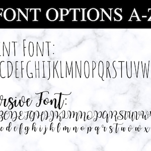 Peut inclure: Pr&eacute;sentation des options de police de A &agrave; Z sur une banni&egrave;re noire. L'image pr&eacute;sente deux styles de police : une police d'impression et une police cursive. La police d'impression est simple, sans empattement. La police cursive est une &eacute;criture fluide.