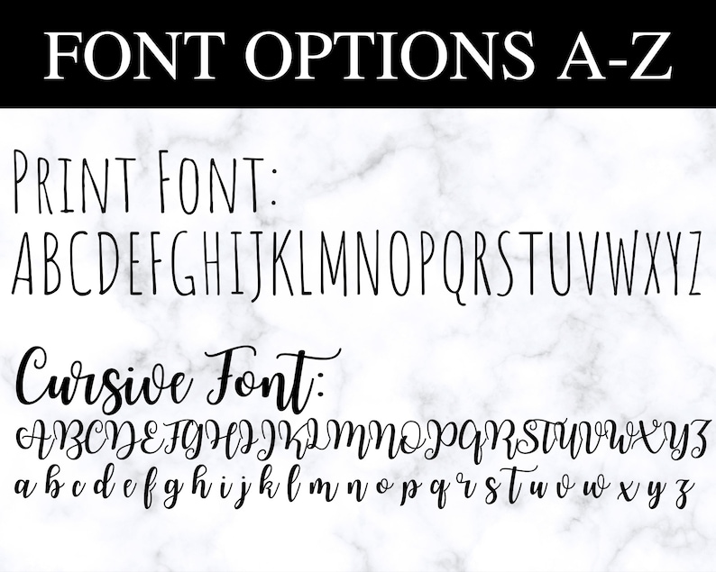 Peut inclure: Pr&eacute;sentation des options de police de A &agrave; Z sur une banni&egrave;re noire. L'image pr&eacute;sente deux styles de police : une police d'impression et une police cursive. La police d'impression est simple, sans empattement. La police cursive est une &eacute;criture fluide.