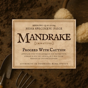 Könnte beinhalten: Ein Schild im Vintage-Stil mit dem Wort "MANDRAKE" in einer Serifenschrift, das vor potenzieller Gefahr warnt. Das Schild enthält Text über Gehörschutz und Bewusstlosigkeit. Der Hintergrund zeigt Gartengeräte und Erde.