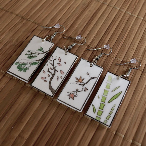 Earings four seasons inspired by Hanafuda japanese cards, Spring, Summer, Autumn, and Winter