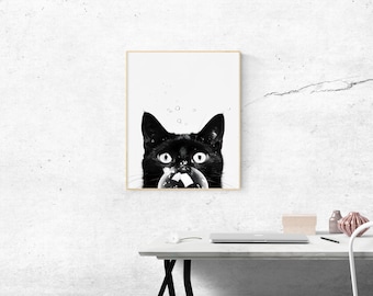 Printable Black Cat Blowing Bubbles Wall Art, Digital Download Black Cat Art Prints