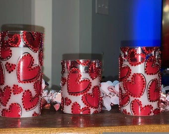 Heart Pillar Candles Hand Jeweled Original Art Valentine's Day Candles Battery Operated