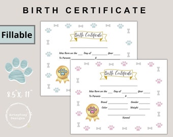 Puppy Birth Certificate Fillable, Male Puppy Birth Certificate, Female Puppy Birth Certificate