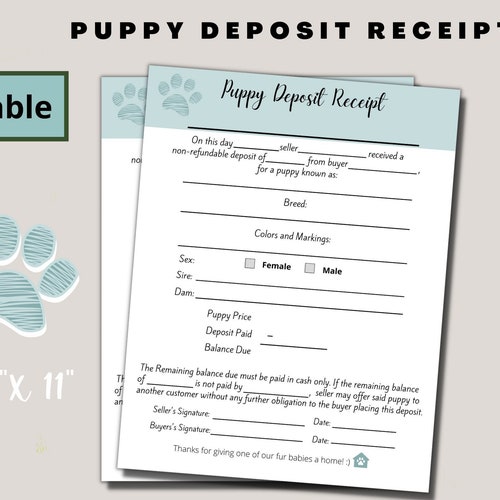 Puppy Deposit Receipt Fillable Puppy Deposit Slip Editable Etsy