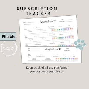 Puppy Litter Subscription Tracker, Fillable Breeder Forms, Dog Breeder Forms, Password Log, Expense Tracker, Editable Subscription Tracker