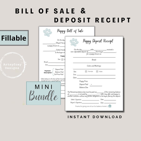 Puppy Deposit/Bill of Sale, Fillable Puppy Deposit Form, Dog Breeder Forms, Puppy Bill of Sale  Form, Breeder Forms, Puppy Deposit Receipt