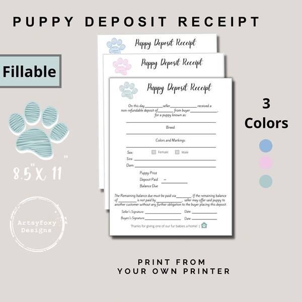 Puppy Deposit Receipt, Cash Only at pickup, Fillable Puppy Deposit Form, Dog Breeder Forms, Puppy Deposit Form, New Puppy