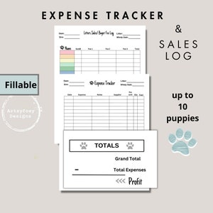Puede incluir: Plantilla de seguimiento de gastos y registro de ventas imprimible para criadores de perros. El seguimiento incluye secciones para ventas de camadas, tarifas de compradores, gastos y totales. El registro está diseñado para un máximo de 10 cachorros.
