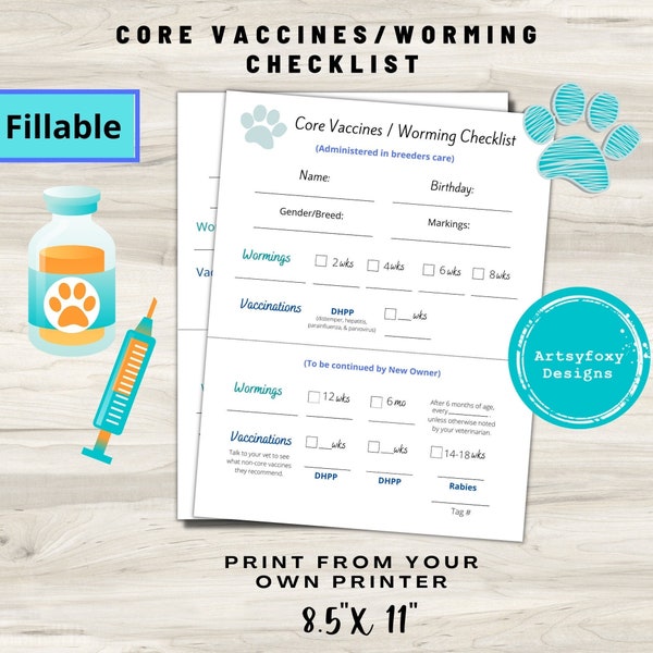 Puppy Core Vaccines and Worming Checklist, Editable Puppy Vaccination Form, Dog Breeder Forms, Puppy Vaccine Record, New Puppy