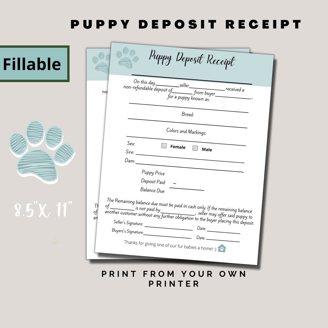 Puppy Deposit Receipt Fillable Puppy Deposit Slip Editable Etsy Australia