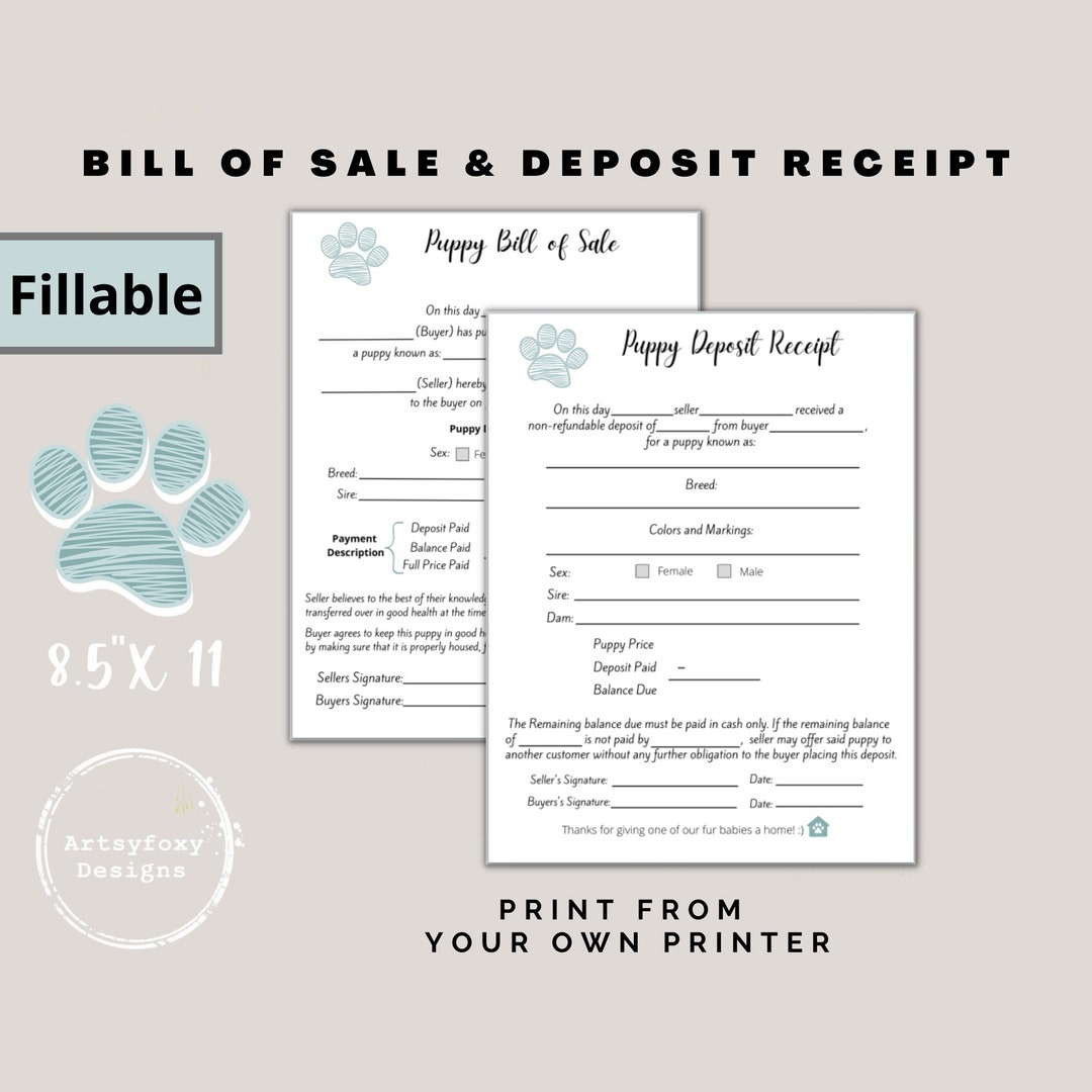 Puppy Deposit/bill of Sale Fillable Puppy Deposit Form Dog Etsy