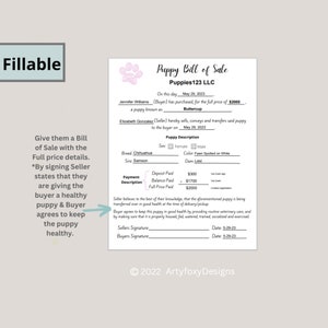 以下が含まれることがあります： 「Puppy Bill of Sale」というタイトルと会社名「Puppies123 LLC」が記載された、印刷可能な子犬の売買契約書。この用紙には、買い手と売り手の情報、子犬の説明、支払い詳細、署名欄が含まれています。この用紙の日付は2023年5月29日です。