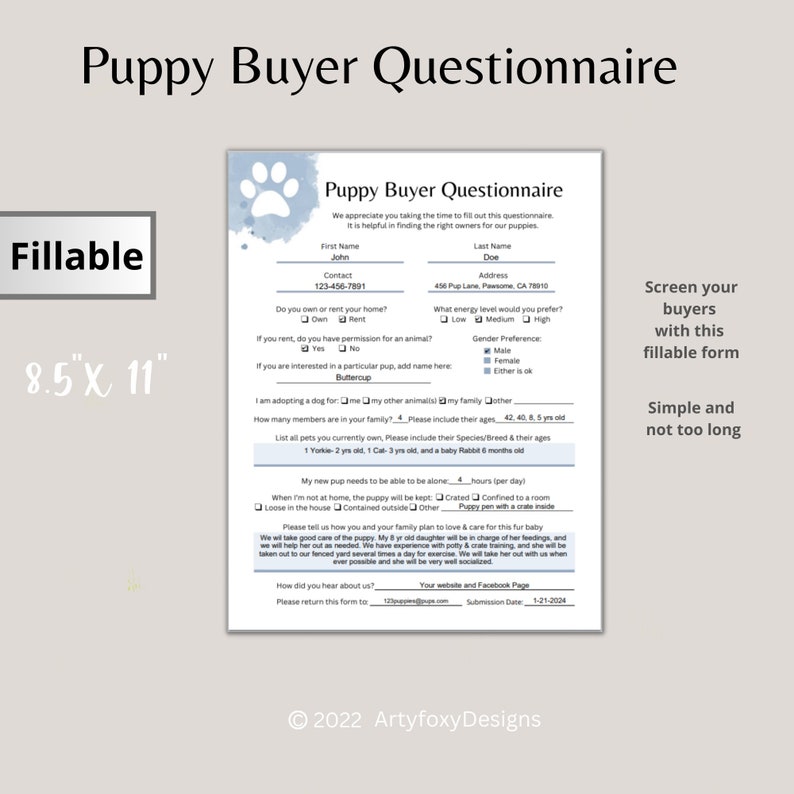 Puppy Buyer Questionnaire, Editable Puppy Buyer Application, Puppy