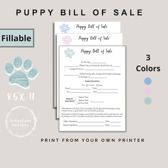 Puppy Bill of Sale, Editable Puppy Bill of Sale, Dog Breeder Forms, Puppy Bill of Sale Form, New Puppy