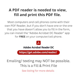 以下が含まれることがあります： 「このPDFファイルを表示、記入、印刷するには、PDFリーダーが必要です。」というメッセージが表示されたテキスト画像です。この画像には、PDFファイルの表示、記入、印刷に必要なAdobe Acrobat Reader DCをダウンロードするためのリンクも含まれています。「メール/SMSでの送信はできない場合があります。これは記入して印刷するファイルです。詳細については、リストをご覧ください。」というテキストも含まれています。