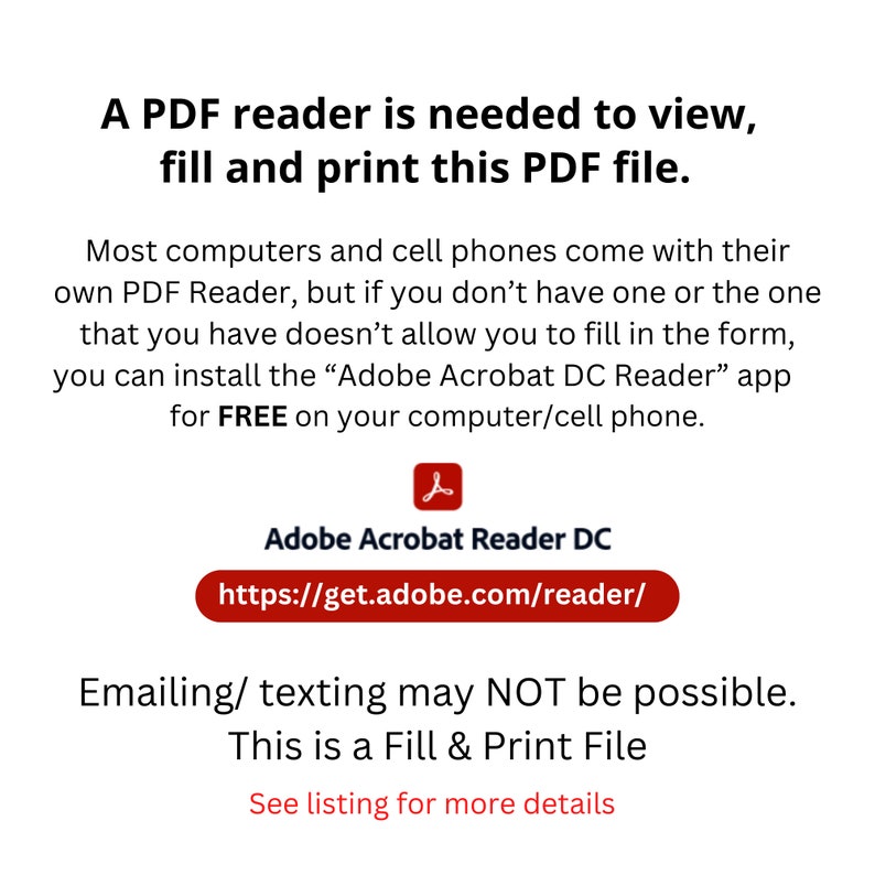 以下が含まれることがあります： 「このPDFファイルを表示、記入、印刷するには、PDFリーダーが必要です。」というメッセージが表示されたテキスト画像です。この画像には、PDFファイルの表示、記入、印刷に必要なAdobe Acrobat Reader DCをダウンロードするためのリンクも含まれています。「メール/SMSでの送信はできない場合があります。これは記入して印刷するファイルです。詳細については、リストをご覧ください。」というテキストも含まれています。