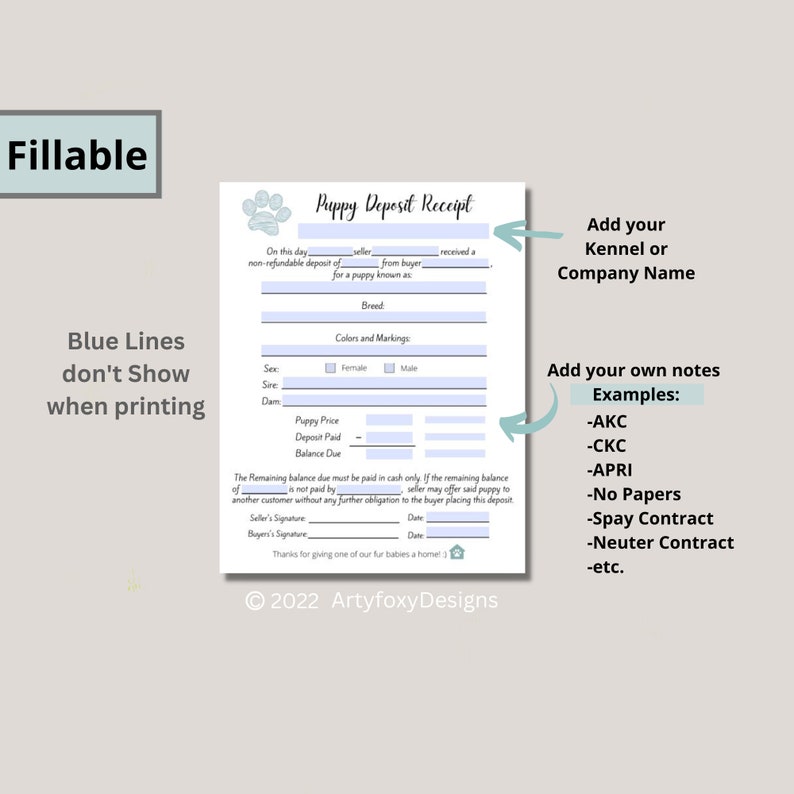 Puppy Deposit Receipt, Cash Only at Pickup, Fillable Puppy Deposit Form