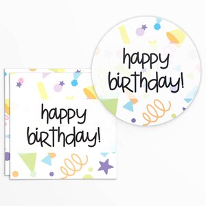 Joyeux anniversaire ! Étiquette carrée et circulaire de 5 x 5 cm (2 x 5 cm) en noir avec motif confettis pastel | Imprimable | Téléchargement immédiat | HBD