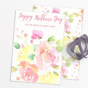 Happy Mother&#39;s Day 3.5x5&quot; Cookie Card with Rose Watercolor Floral Pattern | Printable | Instant Download