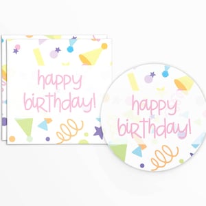 Joyeux anniversaire ! Médaillon carré et circulaire de 5 x 5 cm (2 x 5 cm) en rose avec un motif de confettis pastel | Imprimable | Téléchargement immédiat | HBD
