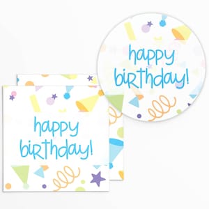 Joyeux anniversaire ! Médaillon carré et circulaire de 5 x 5 cm (2 x 5 cm) en bleu avec un motif de confettis pastel | Imprimable | Téléchargement immédiat | HBD