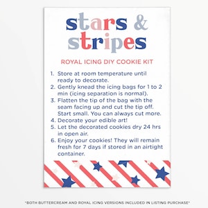 Stars and Stripes 3.5x5&quot; Royal Icing and Buttercream DIY Cookie Kit Instructions Card | Printable | Instant Download | July 4