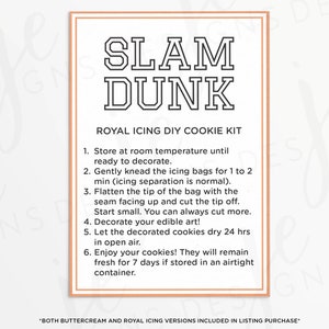 Basketball &quot;Slam Dunk&quot; 3.5x5&quot; Royal Icing and Buttercream DIY Cookie Kit Instructions Card | Cookie Printable | Instant Download