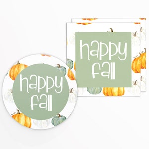 May include: A circular and rectangular design with a white background, featuring watercolor pumpkins in orange, green, and white. The text "happy fall" is displayed in white on a green circle and square.