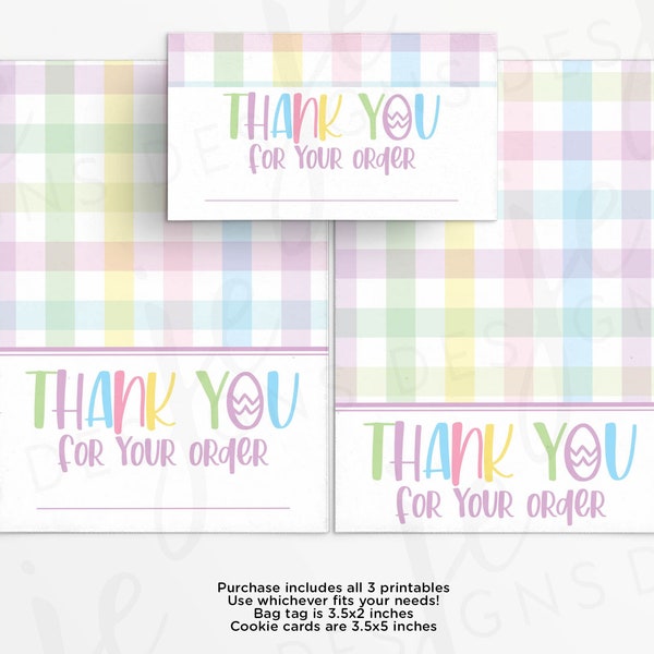 Thank You for Your Order 3.5x5" Mini Cookie Card and 3.5x2" Bag Tag | Rainbow Plaid Gingham | Cookie Printable | Instant Download | Easter