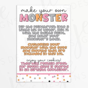 Make Your Own Monster 3.5x5" PYO and MYO Halloween Cookie Kit Instructions Card | Pink Orange Grey | Printable | Instant Download