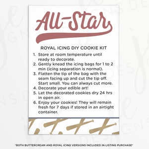 All Star Baseball 3.5x5&quot; Royal Icing and Buttercream DIY Cookie Kit Instructions Card | Cookie Printable | Instant Download | Baseball Bat
