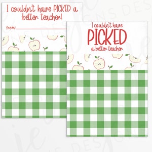 ¡No podría haber elegido un mejor maestro! Tarjeta de galletas de 3,5 x 5" con manzanas y cuadros verdes / Imprimible / Descarga instantánea / Regreso a la escuela