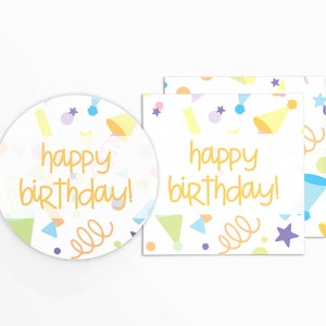 Joyeux anniversaire ! Étiquette carrée et circulaire de 5 x 5 cm (2 x 5 cm) en orange avec motif confettis pastel | Imprimable | Téléchargement immédiat | HBD