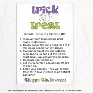 Trick Or Treat 3.5x5&quot; Royal Icing and Buttercream DIY Cookie Kit Instructions Card | Printable | Instant Download | Halloween