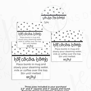 Paquete de etiquetas con instrucciones para hacer bombas de chocolate caliente en 3 tamaños: 2 x 2, 2,5 x 2,5 y 3 x 3 / Bombas de chocolate caliente / Imprimibles / Descarga instantánea / Otoño / Invierno