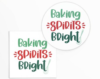 Baking Spirits Bright 2x2&quot; Tag with Red & Green Lettering | Printable | Instant Download | Merry Christmas | Happy Holidays